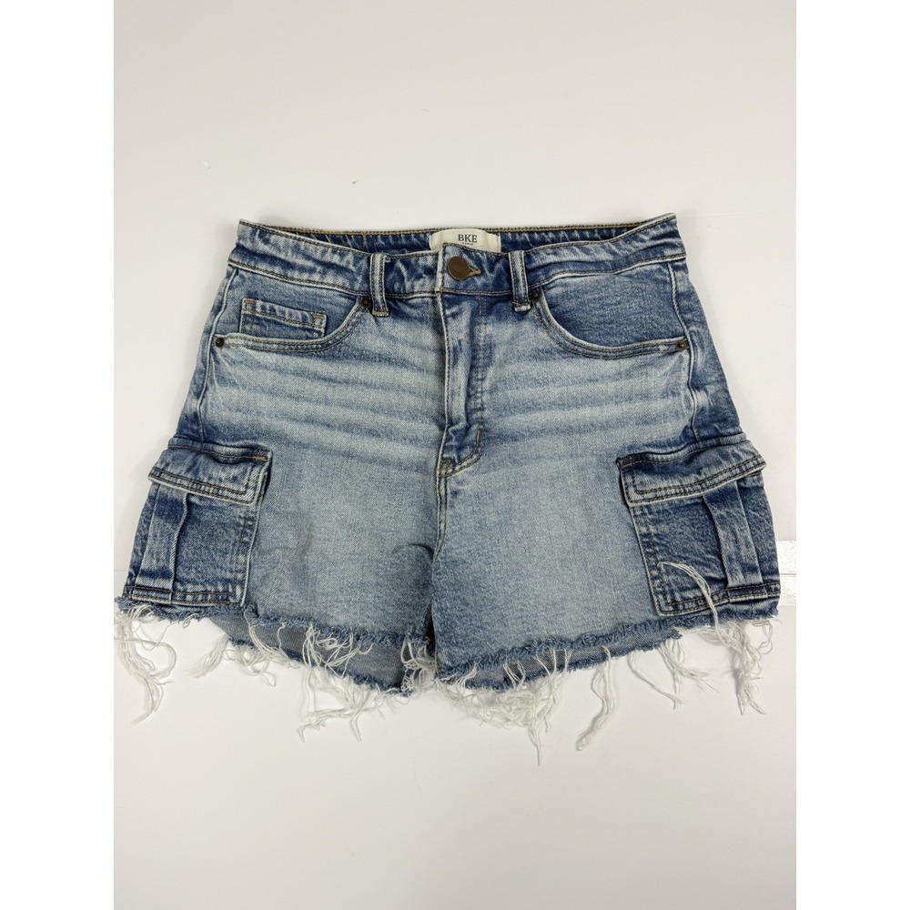 BKE Billie Cargo Denim Shorts Womens Size 27 Light Wash Stretch Frayed Hem - Picture 2 of 10